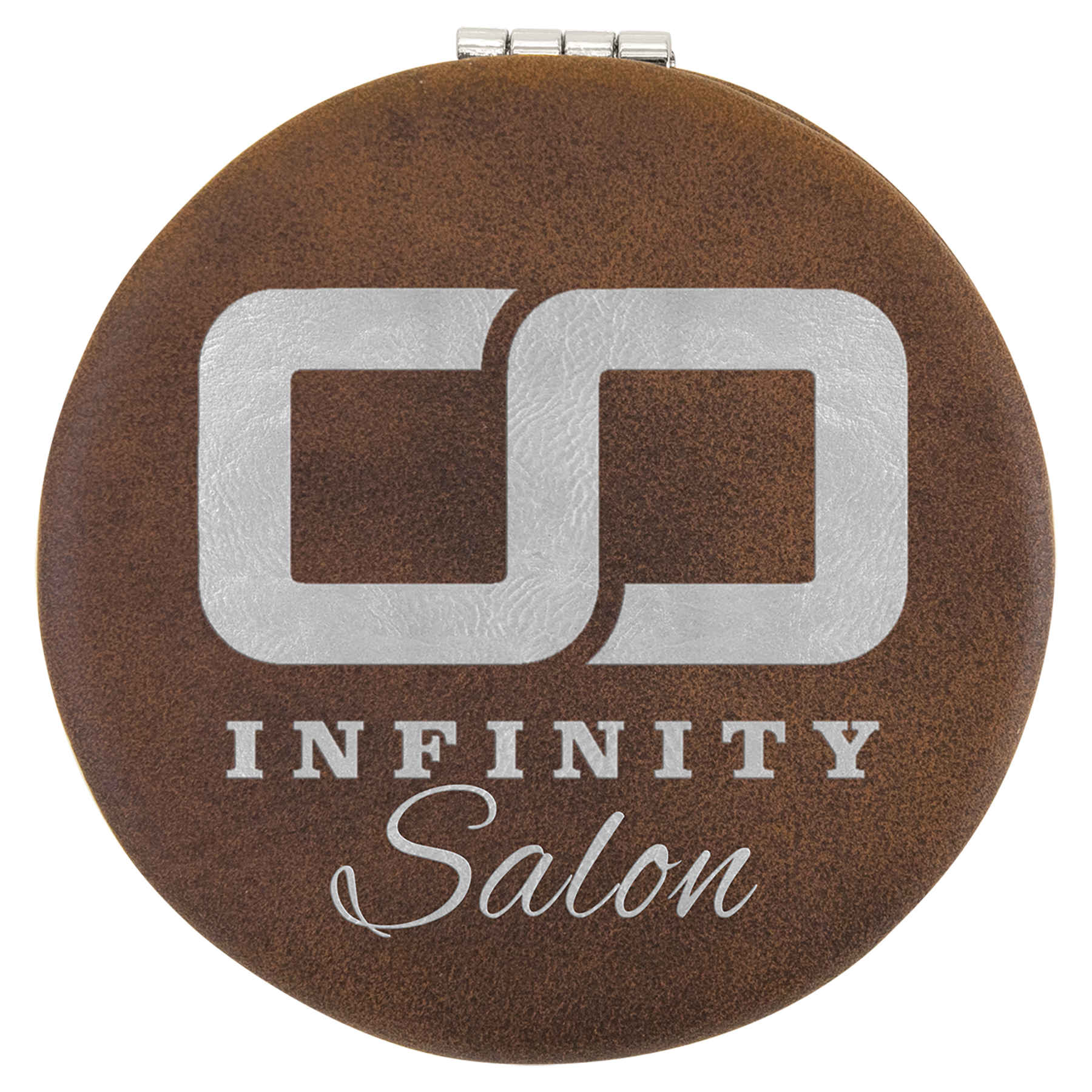 Round, 2.5" brown laserable leatherette compact mirror with silver "Infinity Salon" logo.
