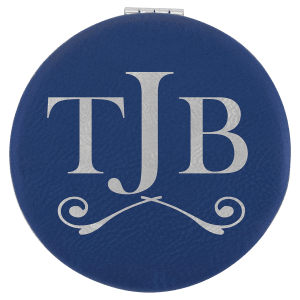 Round 2.5" navy blue laserable leatherette compact mirror with silver engraved "TJB" monogram and flourish.