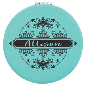 2.5" round teal laserable leatherette compact mirror with "Allison" engraved in a decorative black design.