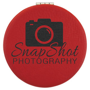 Red 2.5" round laserable leatherette compact mirror with a black camera and "SnapShot Photography" logo.