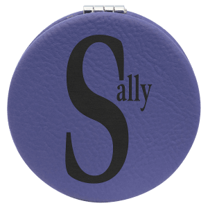 Round purple laserable leatherette compact mirror with "Sally" engraved in black.