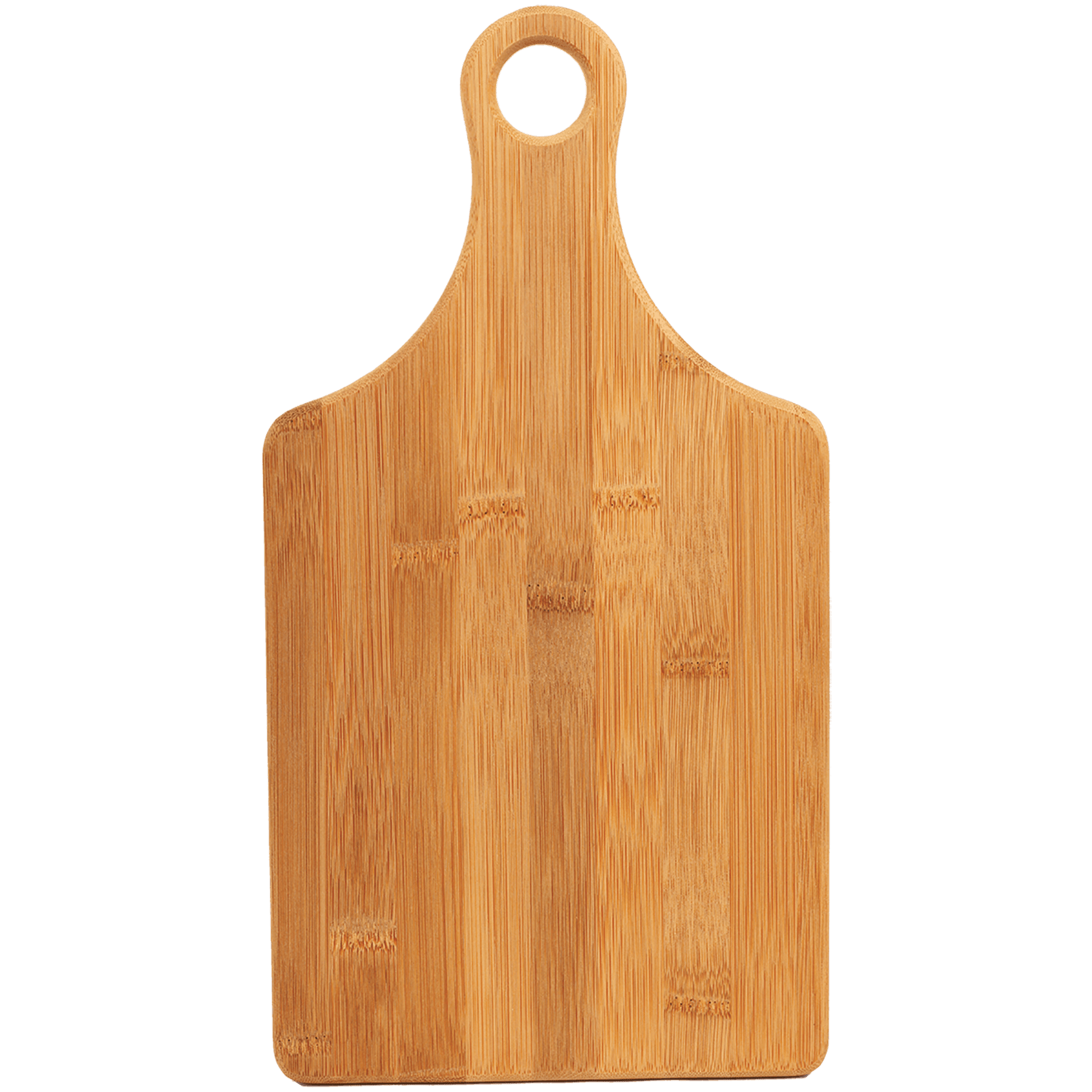 Natural bamboo paddle-shaped cutting board with a handle and hanging hole, 11-1/2" x 8-3/4".