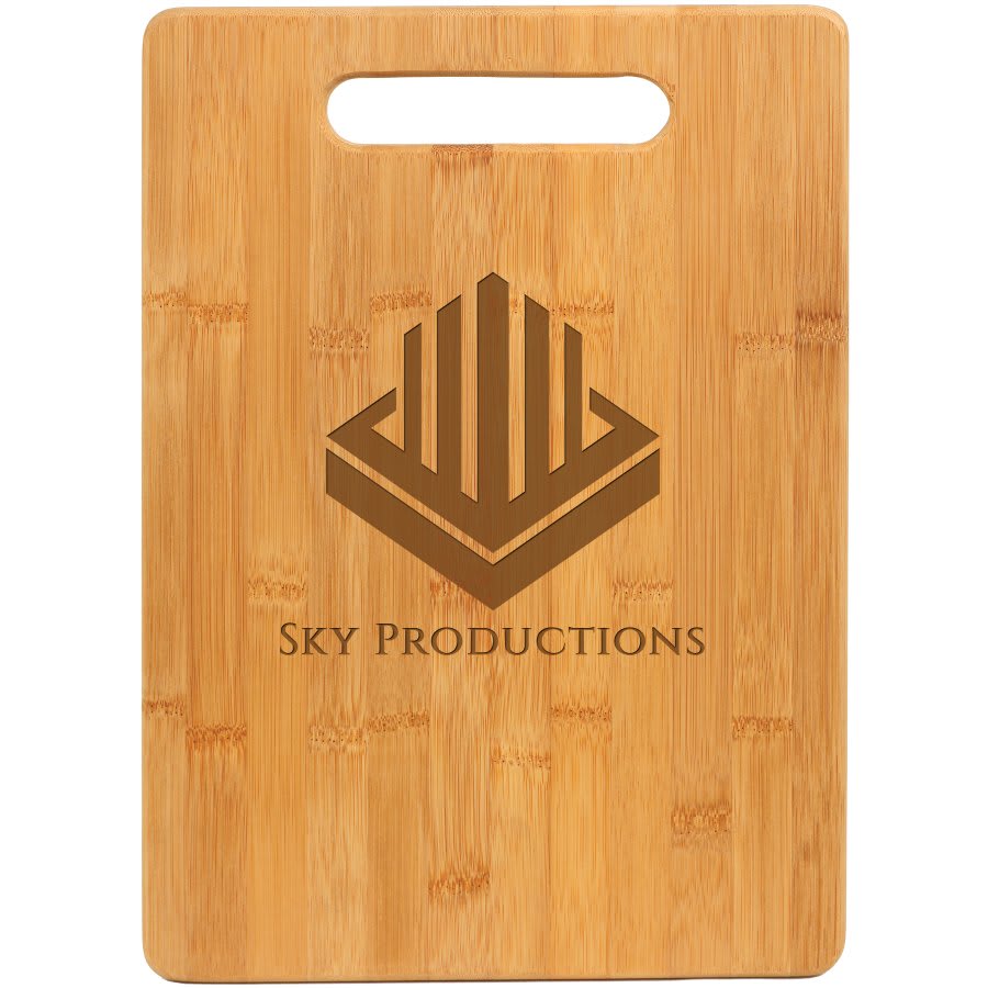 Rectangular bamboo cutting board with a handle and "Sky Productions" logo engraving.