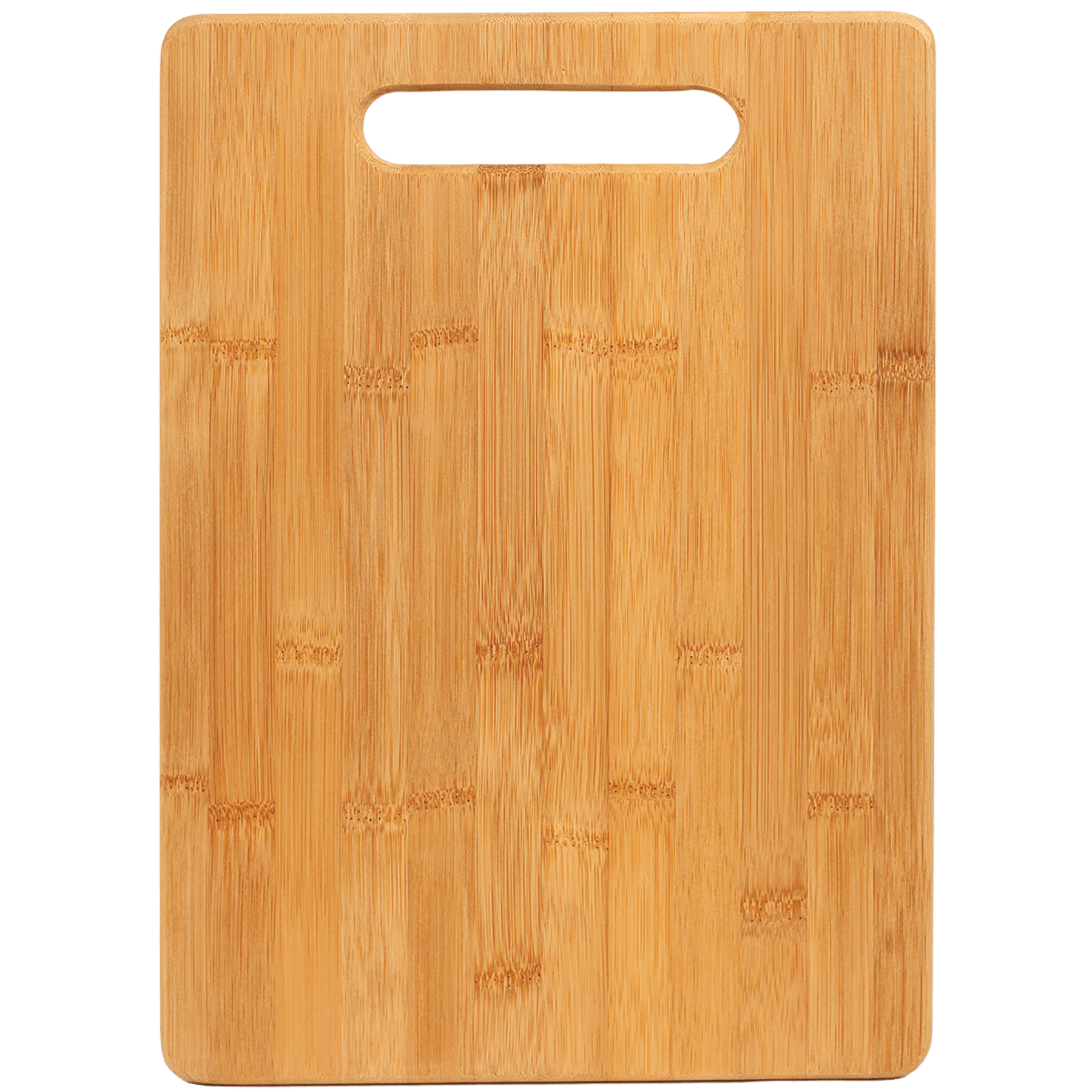 Rectangular bamboo cutting board with a handle, light brown wood grain.