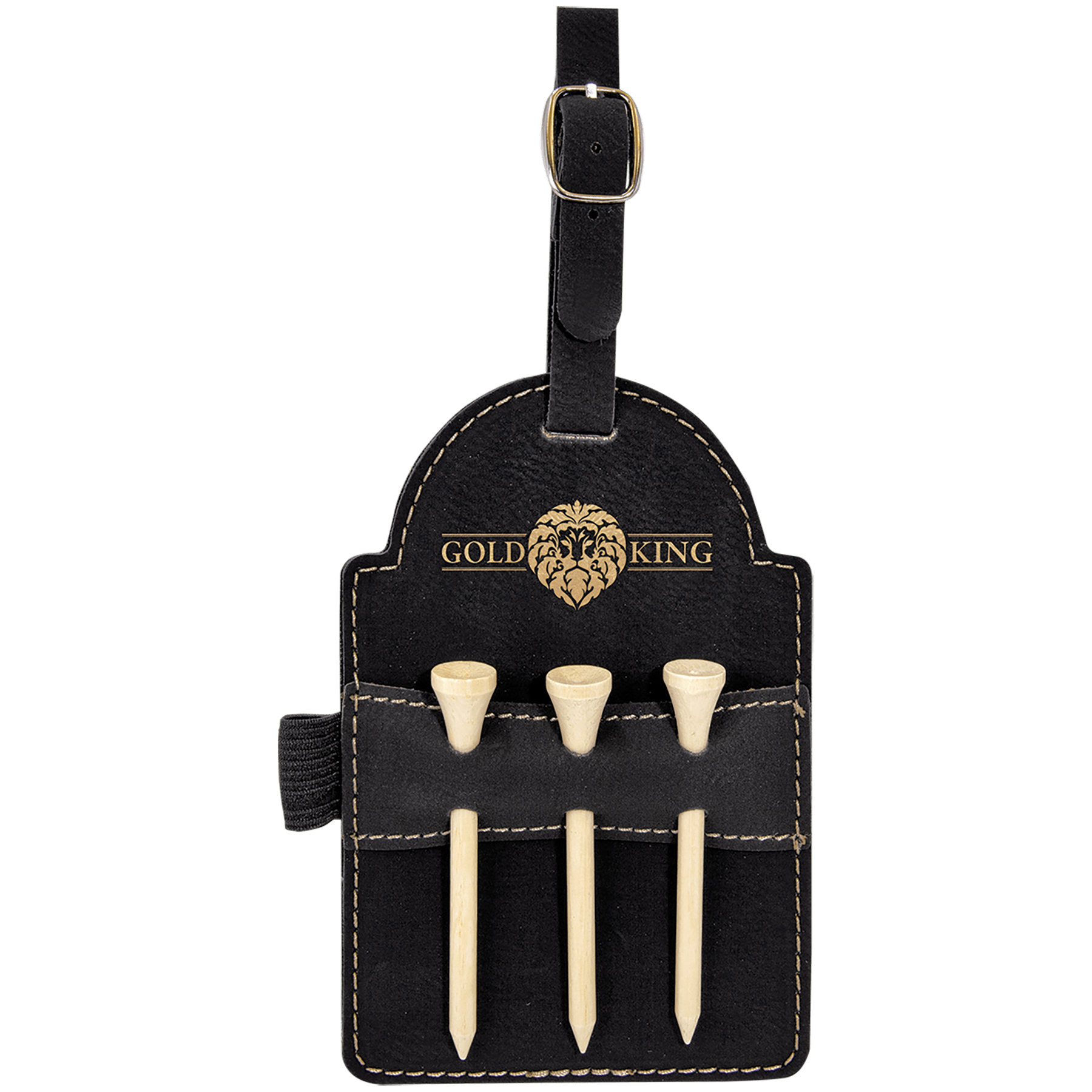 Black leatherette golf bag tag with gold "GOLD KING" lion logo and three wooden tees.