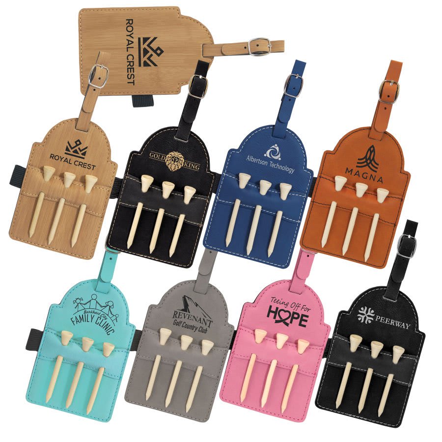 Assorted laserable leatherette golf bag tags with 3 wooden tees, in various colors and designs.