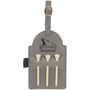 Gray laserable leatherette golf bag tag with a gold buckle, black logo, and three wooden tees.