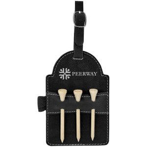 Black laserable leatherette golf bag tag with silver buckle, white stitching, and three wooden tees.