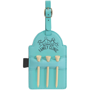 Teal laserable leatherette golf bag tag with a gold buckle, custom logo, and three wooden tees.
