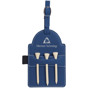 Blue leatherette golf bag tag with white stitching, buckle strap, and three white wooden tees.
