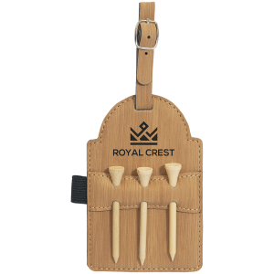 Light brown laserable leatherette golf bag tag with buckle strap, "ROYAL CREST" logo, and three wooden tees.