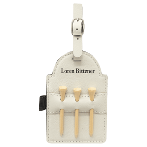 White laserable leatherette golf bag tag with "Loren Bittener" engraved, holding three wooden tees.