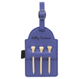 Purple laserable leatherette golf bag tag with "Kathy Swenson" engraved, holding three wooden tees.