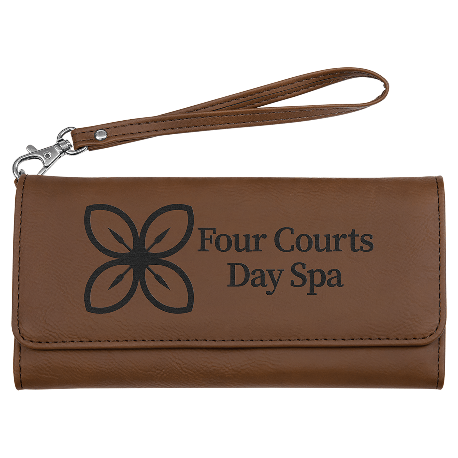 Brown 7.5" x 4" laserable leatherette wallet with detachable wrist strap and custom "Four Courts Day Spa" engraving.