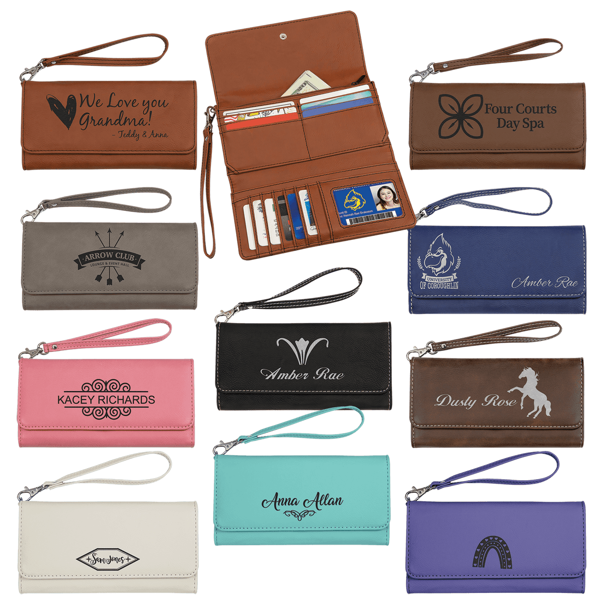 Collection of laserable leatherette wallets with straps in various colors, open and closed, showing RFID protection and compartments.