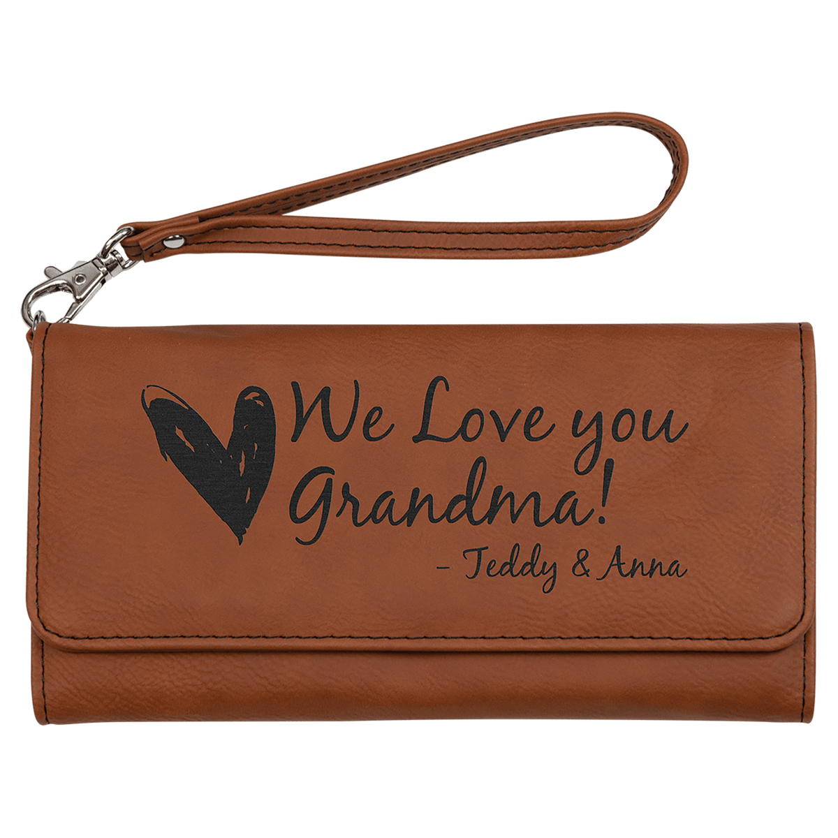 Brown 7.5" x 4" laserable leatherette wallet with "We Love you Grandma!" personalized text and wrist strap.