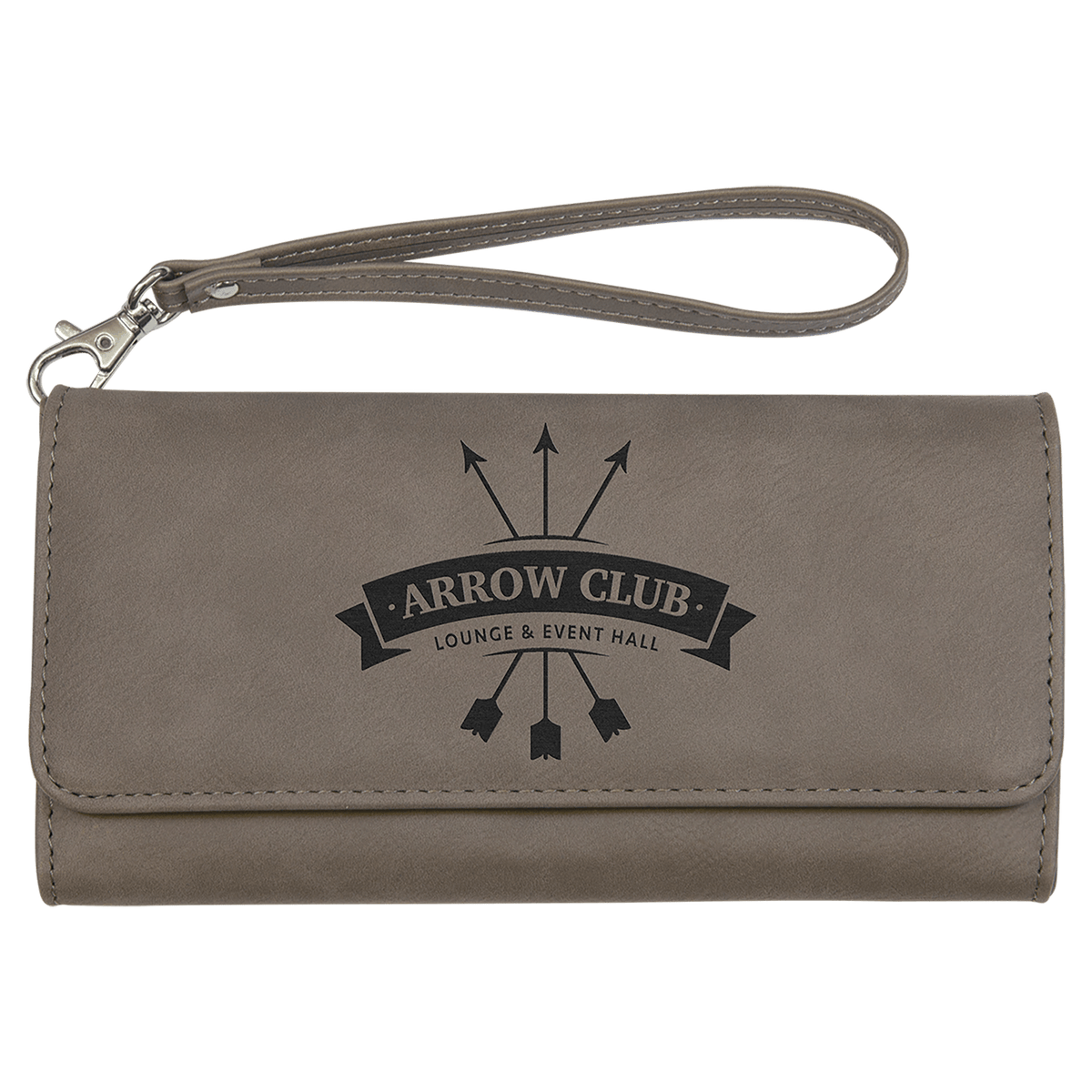 Gray laserable leatherette wallet with "Arrow Club" logo, detachable wrist strap, and snap closure.