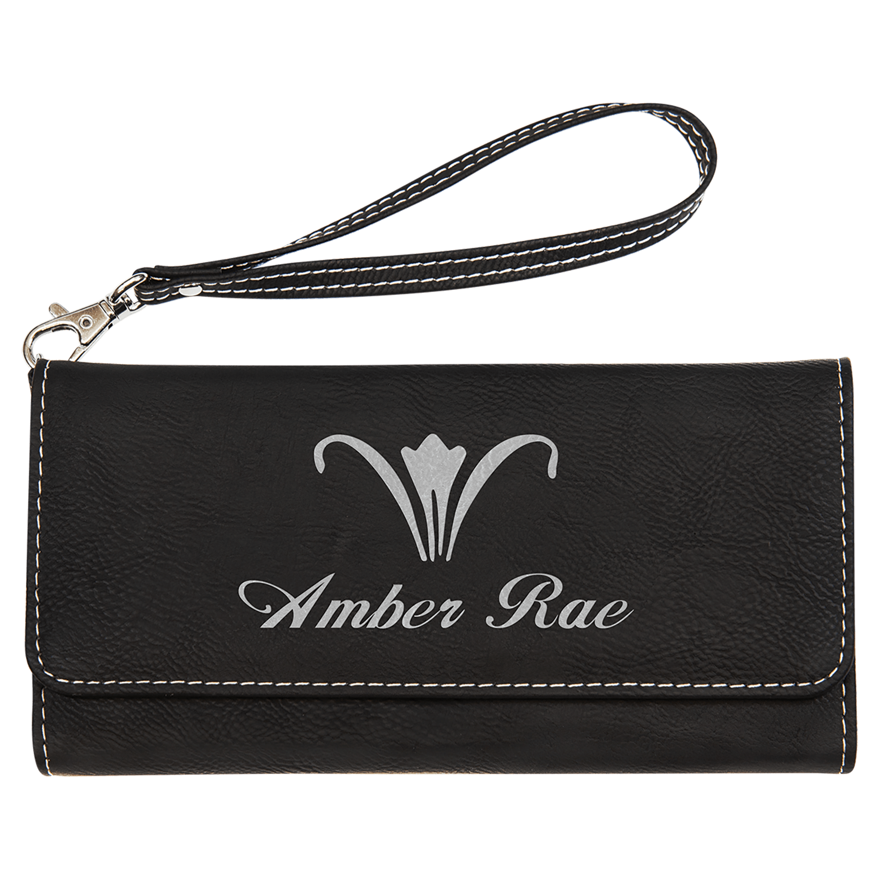 Black laserable leatherette wallet (7 1/2" x 4") with white topstitching, detachable strap, and personalized engraving.