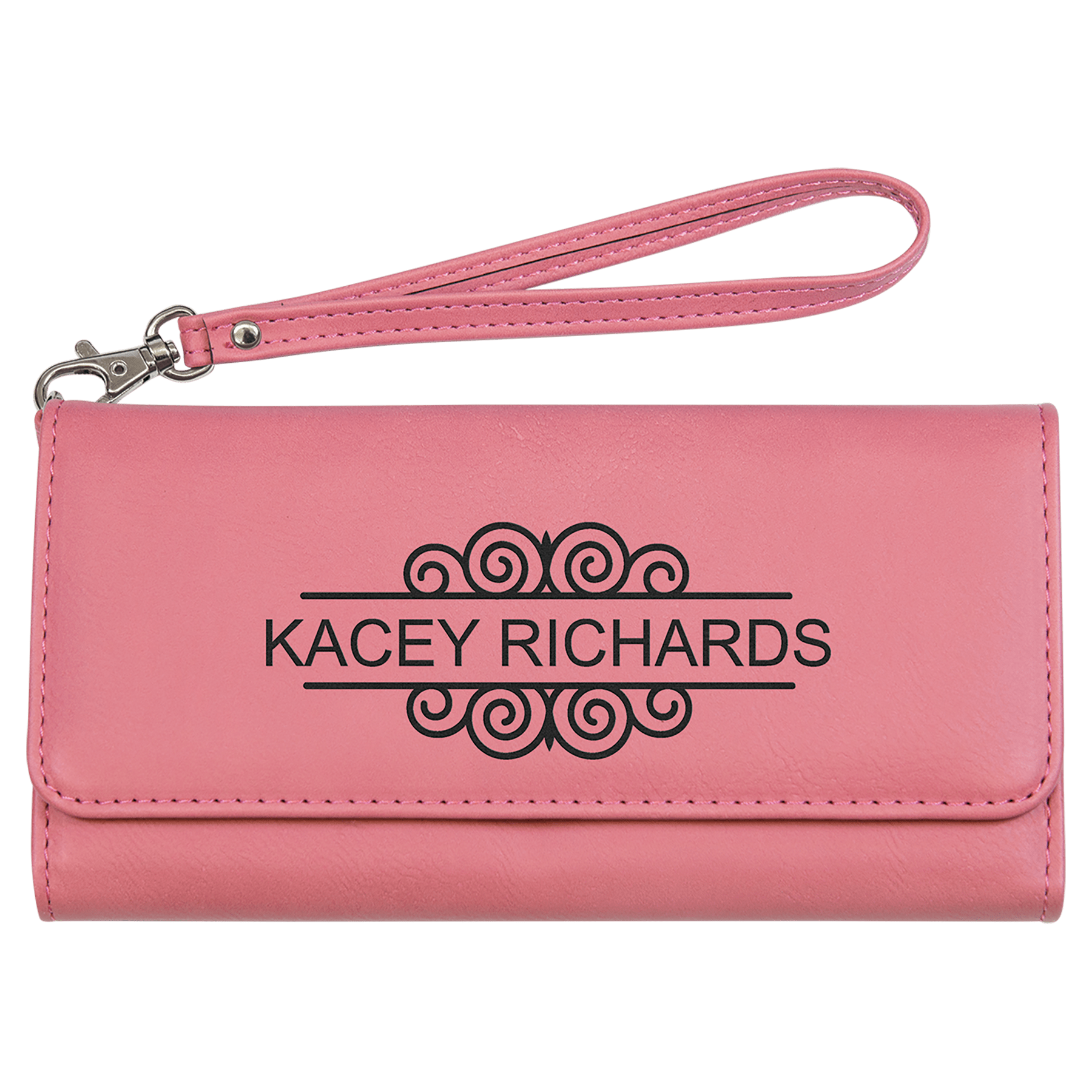 Pink laserable leatherette wallet with detachable wrist strap and "KACEY RICHARDS" personalized engraving.