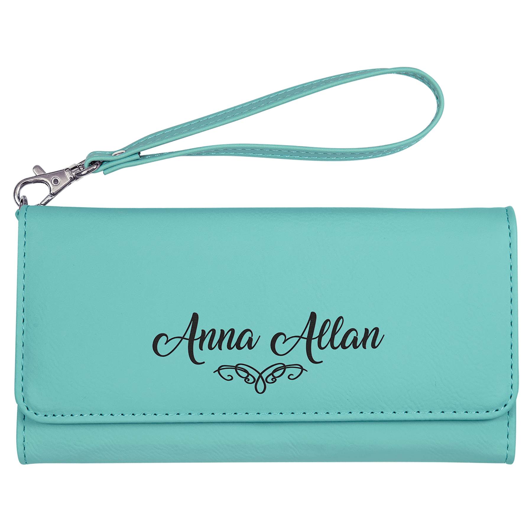 Aqua laserable leatherette wallet with detachable wrist strap and "Anna Allan" personalized engraving.