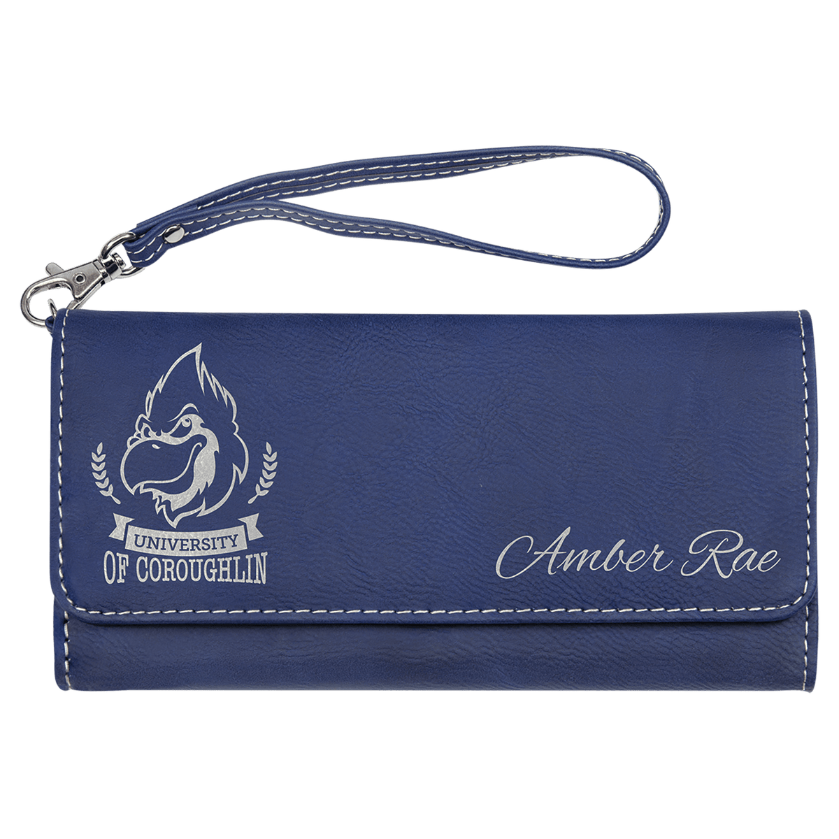 Navy blue laserable leatherette wallet with white topstitching, detachable wrist strap, and custom engraving.