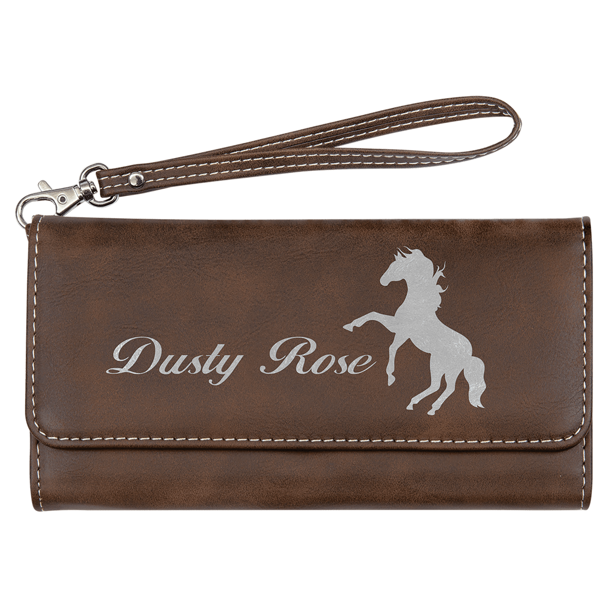 Brown laserable leatherette wallet with white topstitching, detachable strap, and custom "Dusty Rose" text with a rearing horse design.