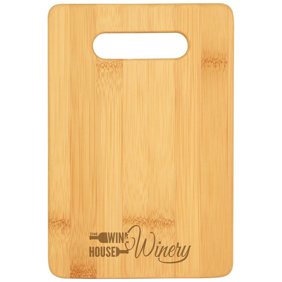 Light brown rectangular bamboo cutting board with a handle and "The Wine House Winery" logo.