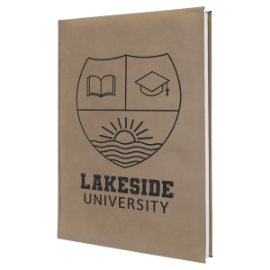 Tan leatherette journal, 7"x9.75", with a black laser-engraved Lakeside University crest.