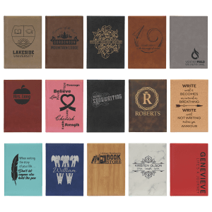 Assortment of 15 laser-engraved leatherette journals in various colors and designs.