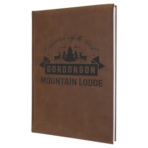 Brown 7" x 9 3/4" laserable leatherette journal with "GORDONSOn MOUNTAIN LODGE" logo.