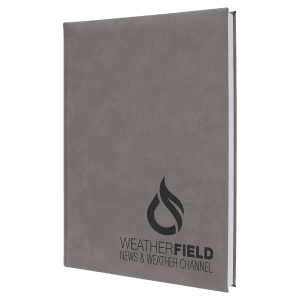 Gray 7" x 9 3/4" laserable leatherette journal with "Weatherfield" logo.
