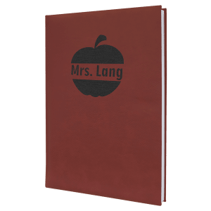 Red 7"x9.75" laserable leatherette journal with "Mrs. Lang" in an apple design.