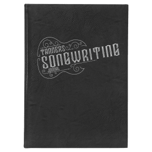 Black 7" x 9 3/4" laserable leatherette journal with "Tanners Songwriting" design.