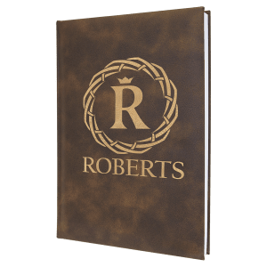 Brown laserable leatherette journal with a gold "R" monogram and "ROBERTS" text.