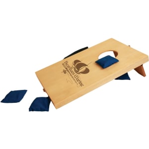 Mini wooden cornhole game with a custom logo, black handle, and blue bean bags.