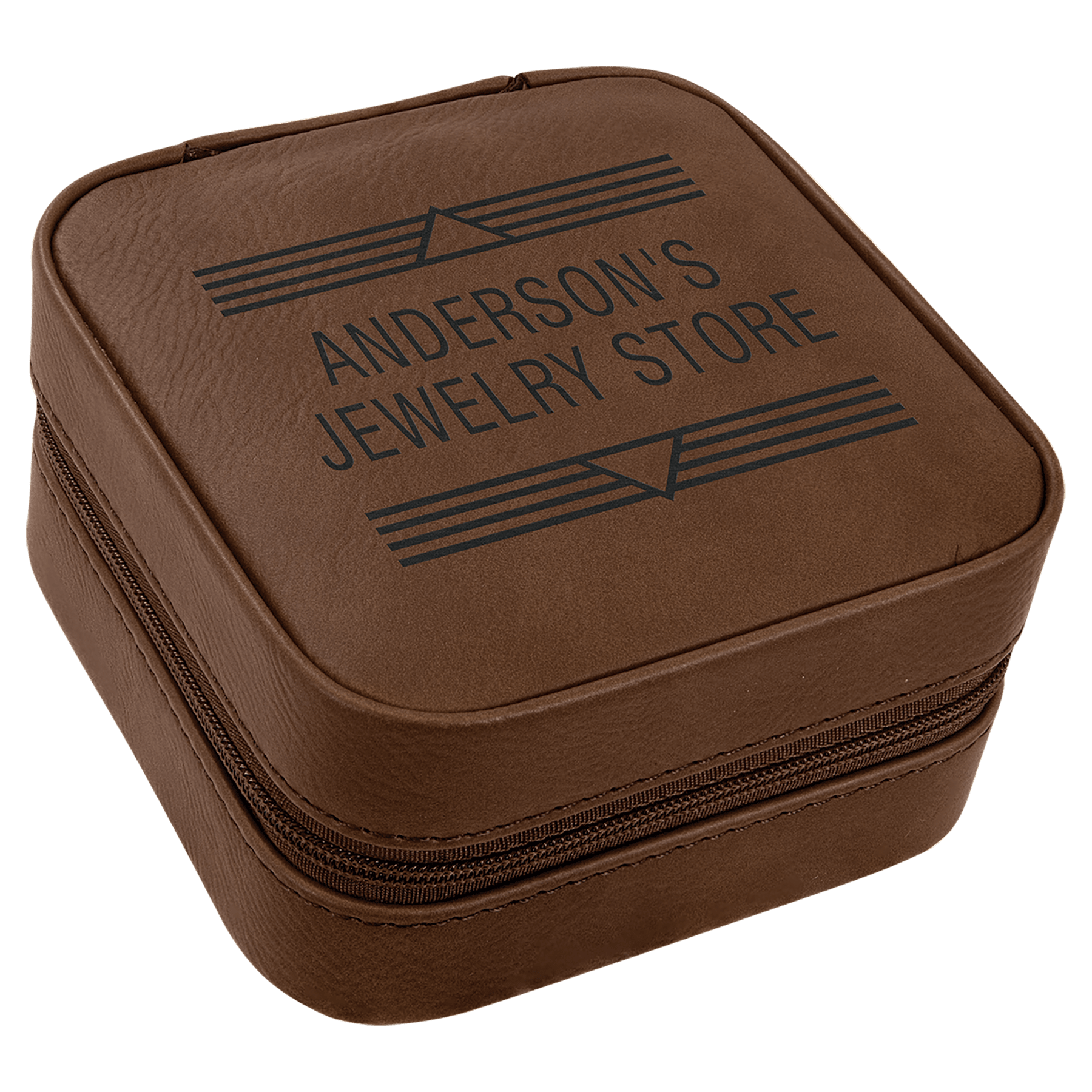 Brown 4"x4" laserable leatherette travel jewelry box with "Anderson's Jewelry Store" engraved on top.