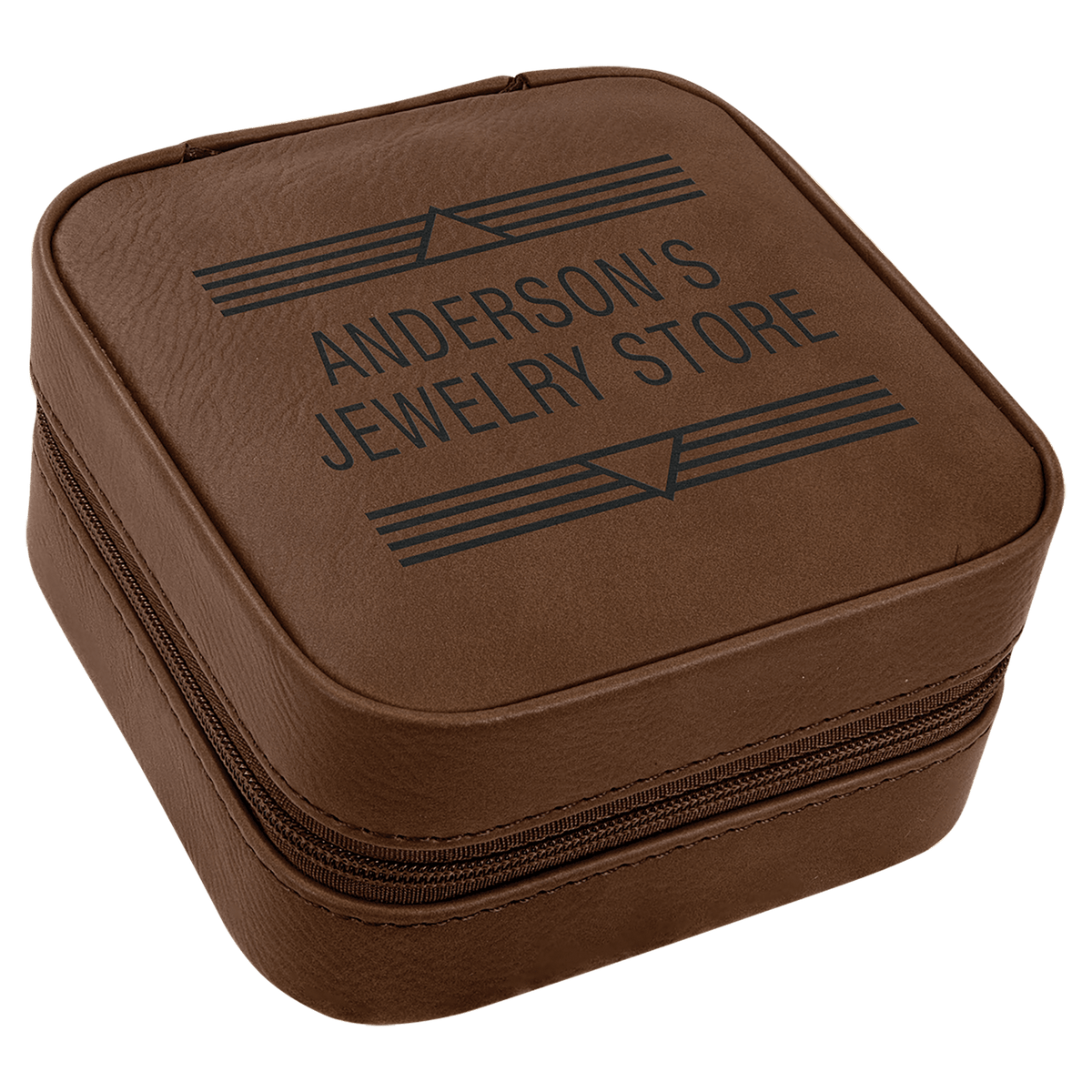 Brown 4"x4" laserable leatherette travel jewelry box with "Anderson's Jewelry Store" engraved on top.