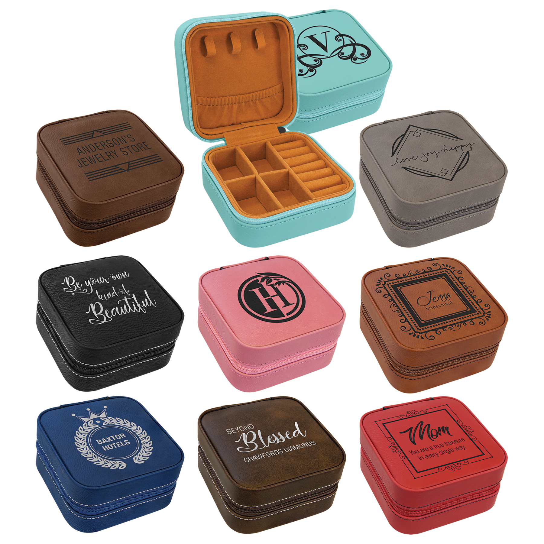 Assortment of 4"x4" laserable leatherette travel jewelry boxes in various colors with tan lining.