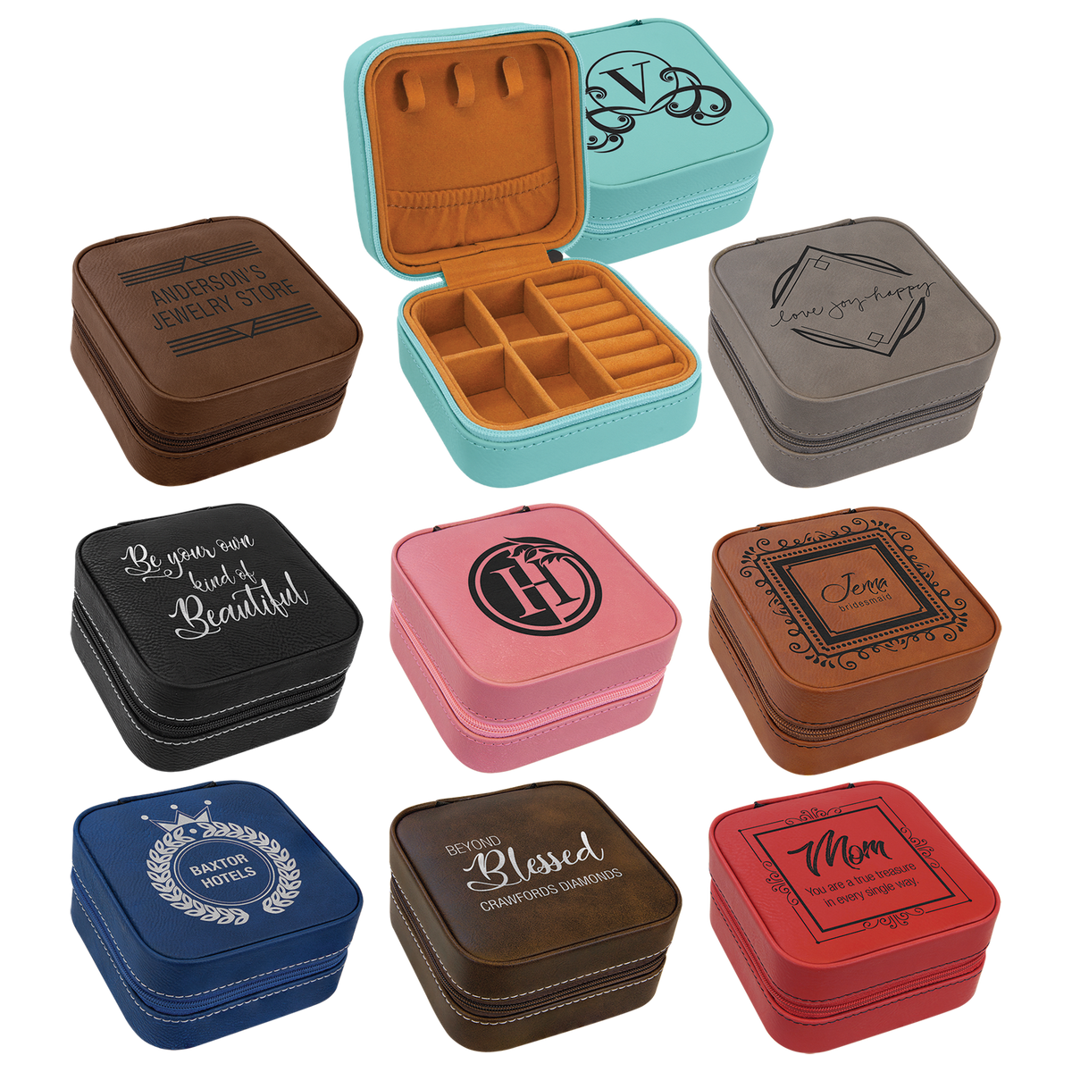 Assortment of 4"x4" laserable leatherette travel jewelry boxes in various colors with tan lining.