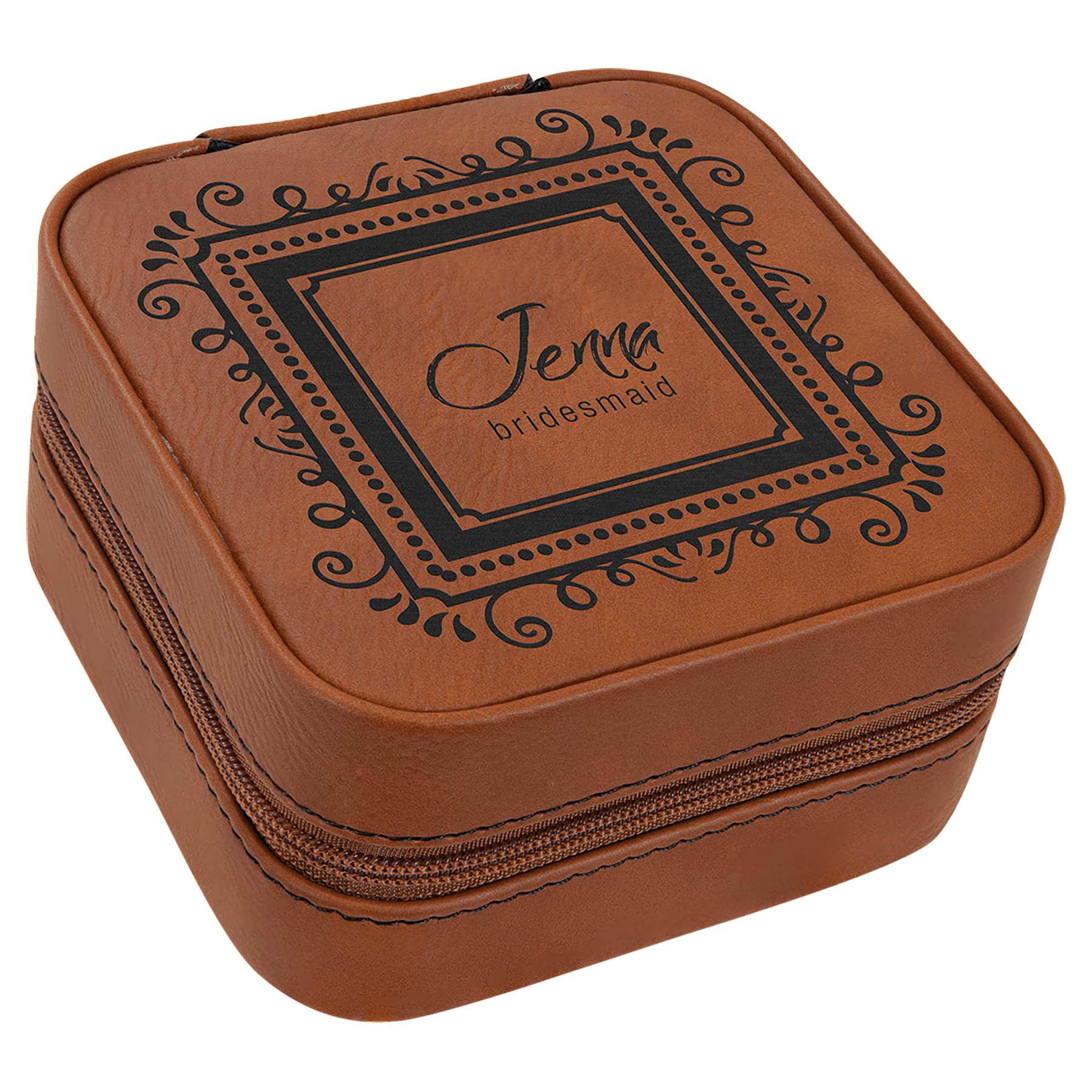 Brown 4"x4" laserable leatherette travel jewelry box with "Jenna bridesmaid" engraved on top.