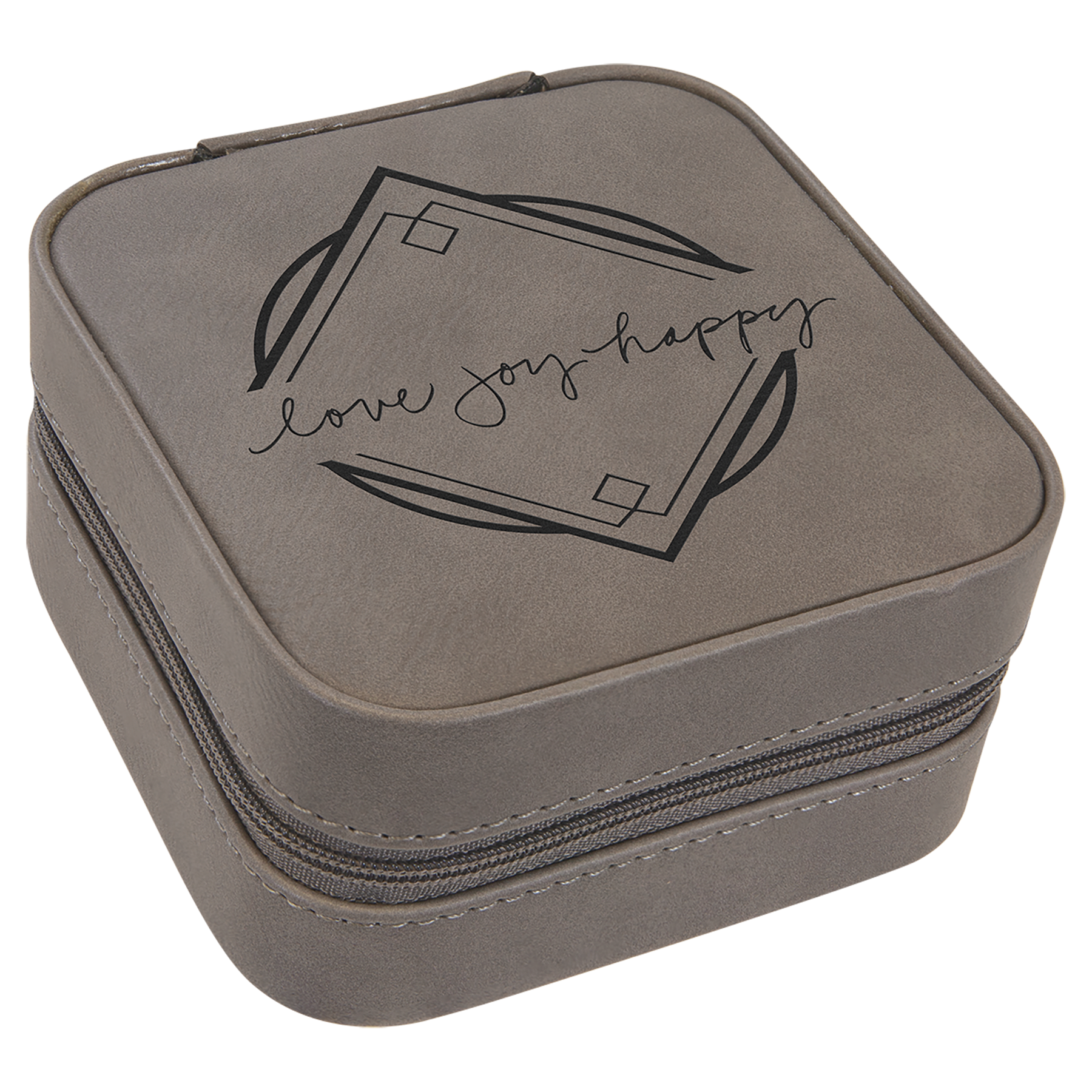 Gray 4"x4" laserable leatherette travel jewelry box with "love joy happy" design.