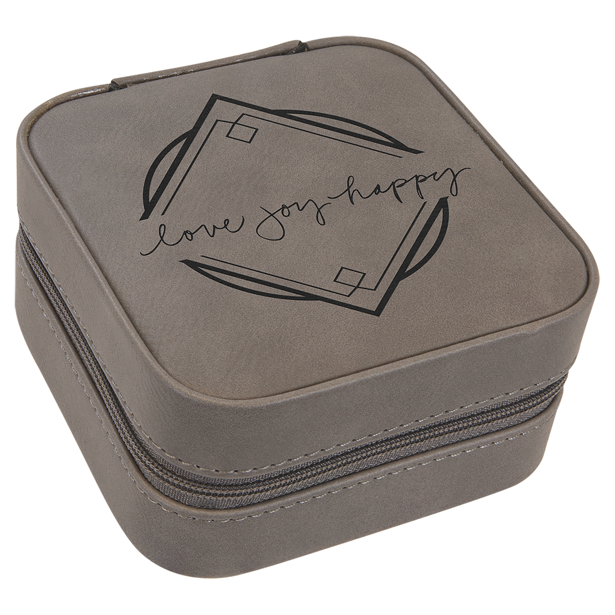 Gray 4"x4" laserable leatherette travel jewelry box with "love joy happy" design.