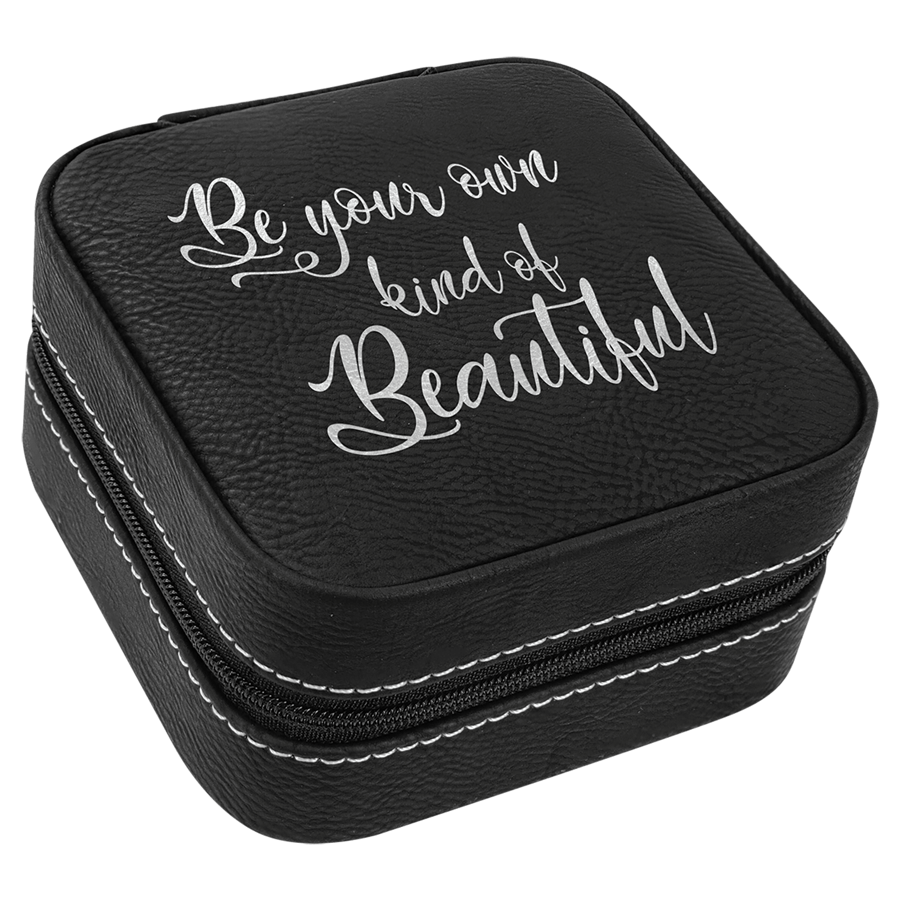 Black laserable leatherette travel jewelry box with "Be your own kind of Beautiful" in white script.