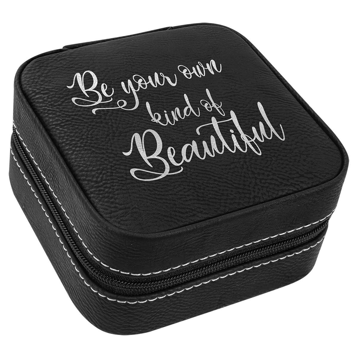 Black 4x4 laserable leatherette travel jewelry box with "Be your own kind of Beautiful" text.