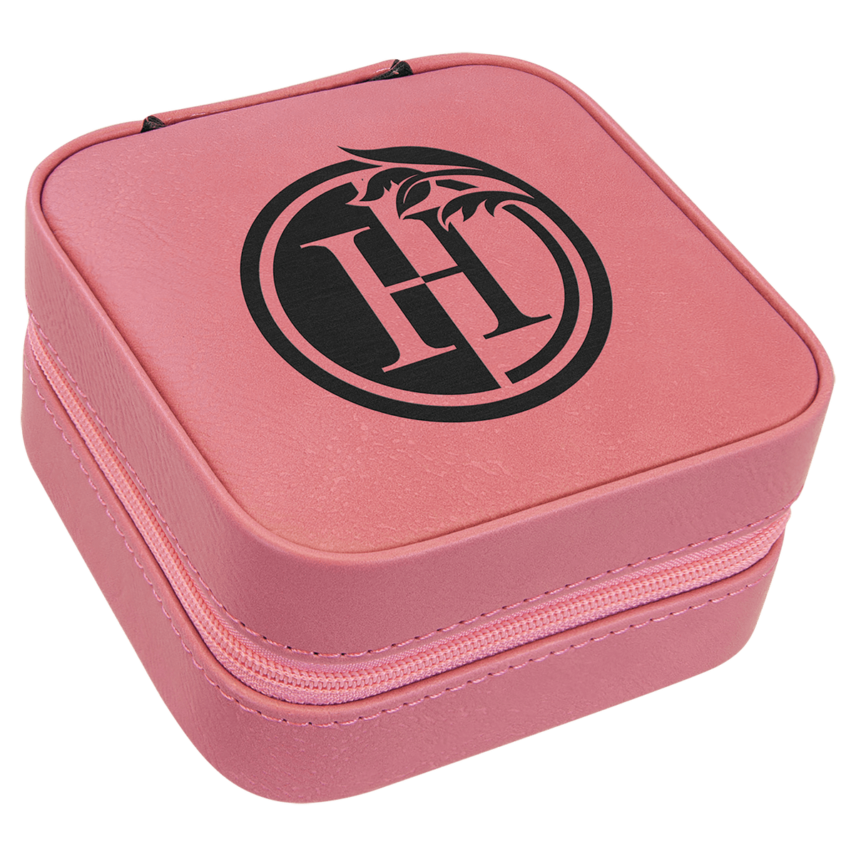 Pink 4"x4" laserable leatherette travel jewelry box with black custom logo.
