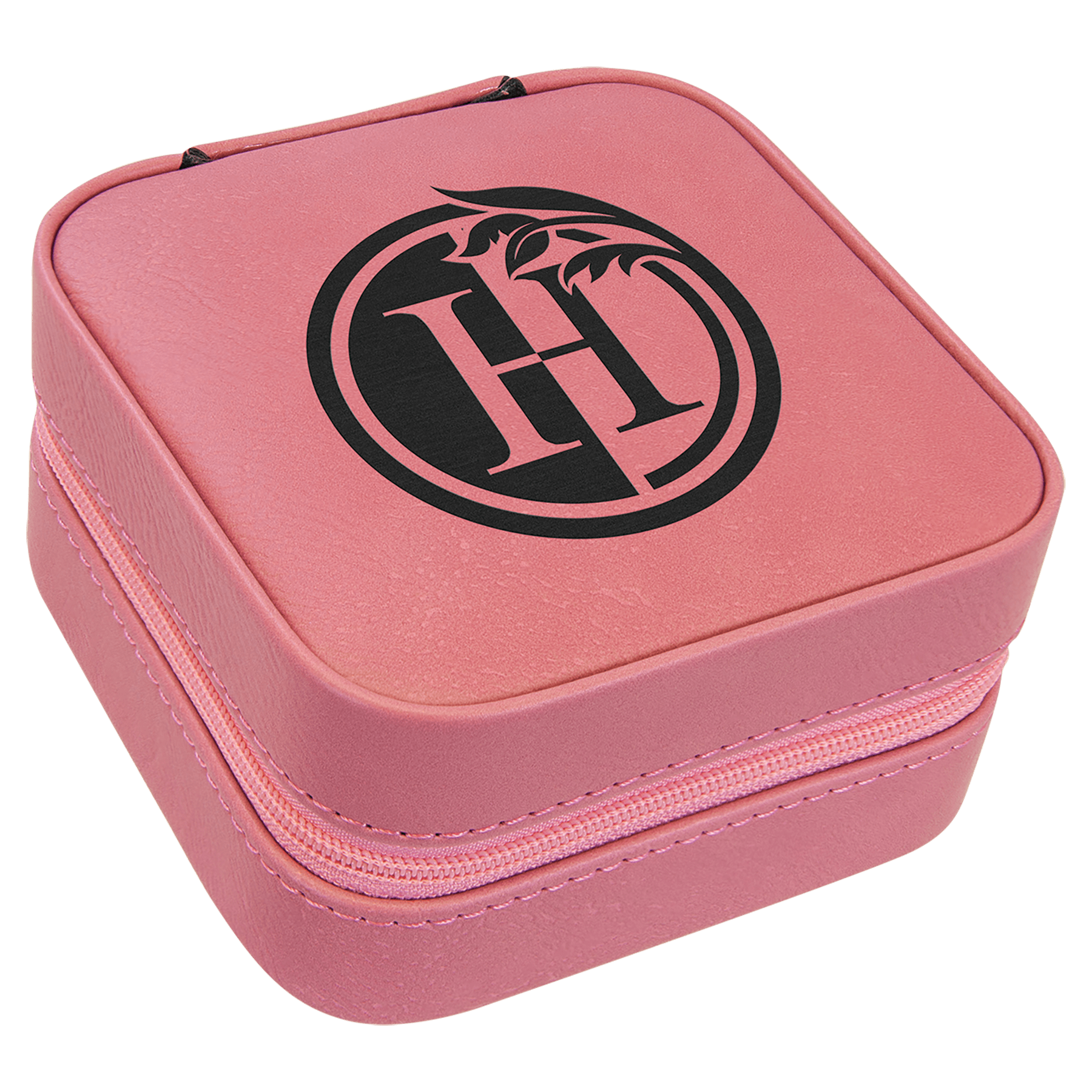Pink 4"x4" laserable leatherette travel jewelry box with black custom logo.