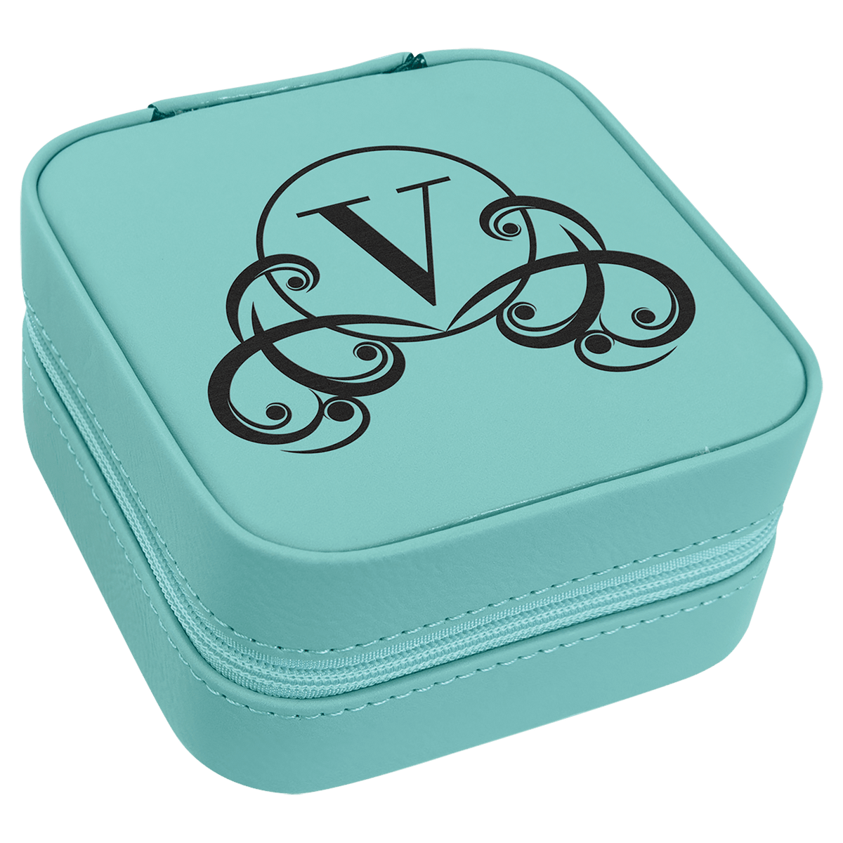 Teal laserable leatherette travel jewelry box with a personalized "V" monogram design.
