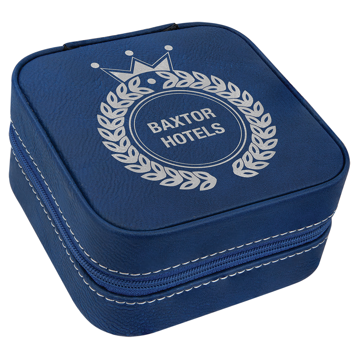 Navy blue laserable leatherette 4"x4" travel jewelry box with white custom logo and zipper.
