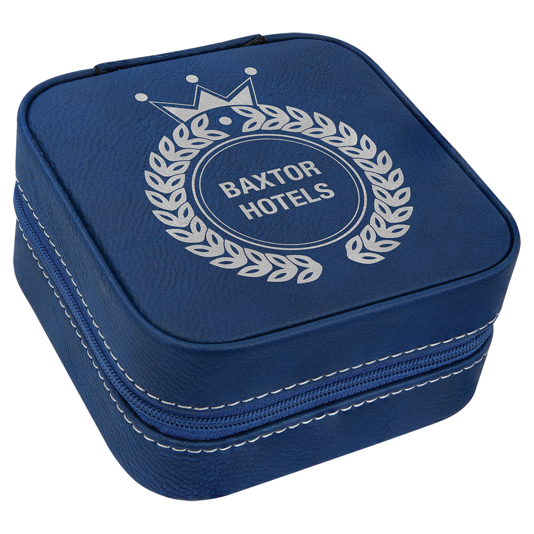 4"x4" navy blue laserable leatherette travel jewelry box with white custom logo and stitching.