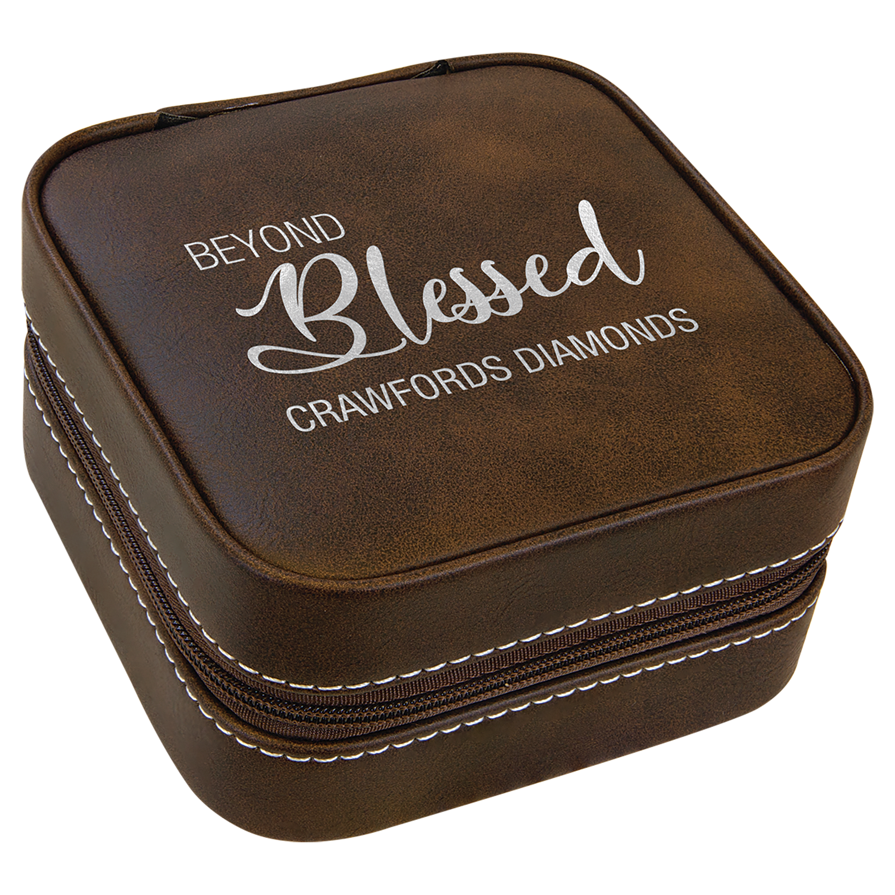 Brown laserable leatherette 4"x4" travel jewelry box with white "Beyond Blessed" engraving and stitching.